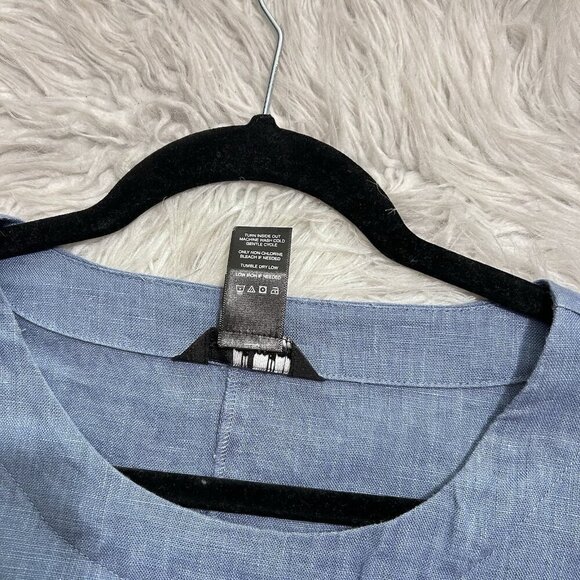 Ali Miles 100% Linen Blue Chambra Polka Dot Artsy Pointed Hem Tab Sleeve Top S - Picture 11 of 12